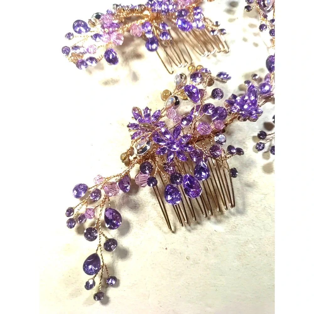 Lot Of 4 Hair Accessory 2 Combs 2 Picks Gold Tone Purple Rhinestone Prom Party